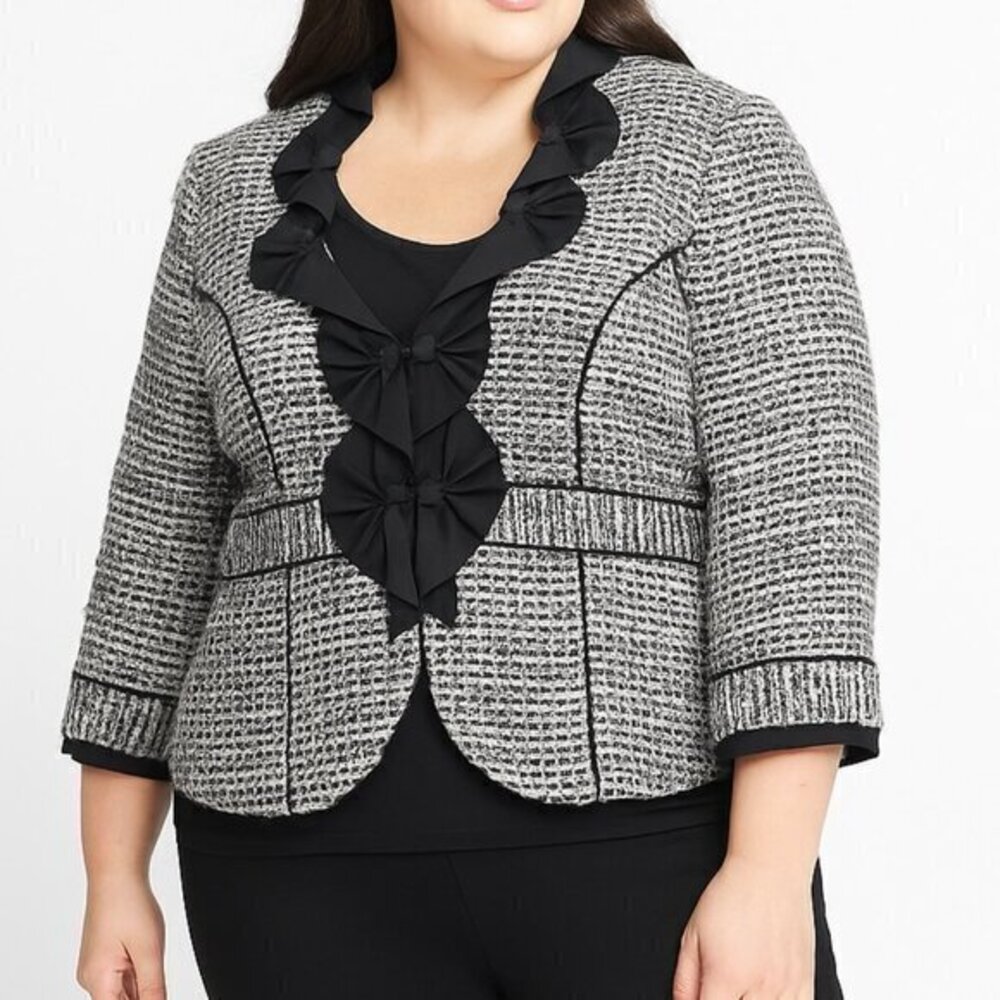 White House Black Market Tweed Plaid Ribbon Ruffle Blazer Size 2